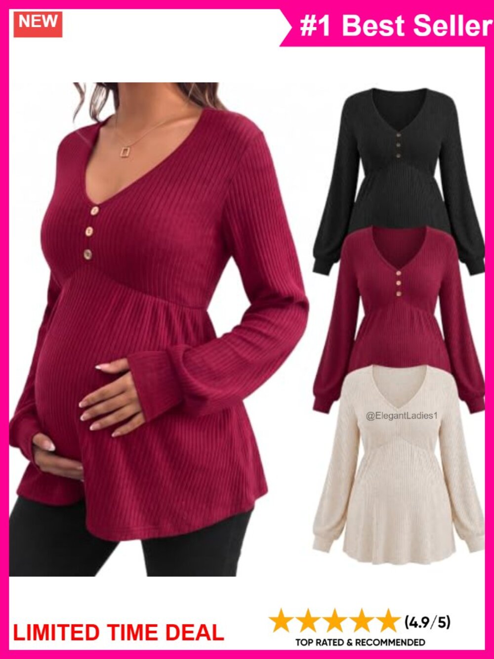Maternity Tops 3 Pack Long Sleeve Tunic V Neck Ribbed Pregnancy Blouse